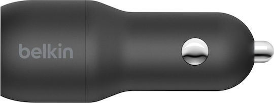Belkin Car Charger 24W 2.4A with Ports: 2xUSB with Cable Type-C Black Color