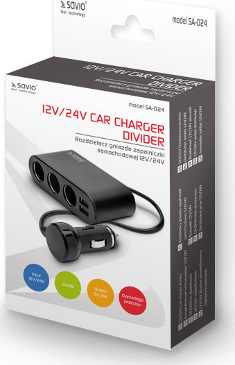 Savio SA-024 Car Charger with Ports: 2xUSB 3xLighter with Cable Embedded Black Color
