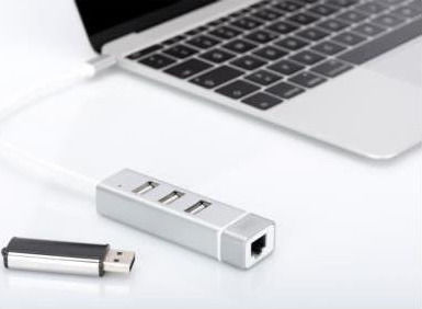 Digitus Hub 3 Porturi USB 2.0 cu Conectare USB-C Ethernet Alb