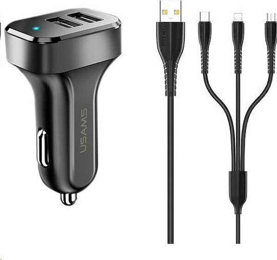 Usams C13 Car Charger 2.1A Fast Charging with Ports: 2xUSB with Cable Lightning / Micro-USB / Type-C Black Color