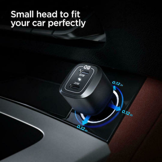 Spigen PC2000 Car Charger 65W 3A Fast Charging with Ports: 2xType-C Black Color