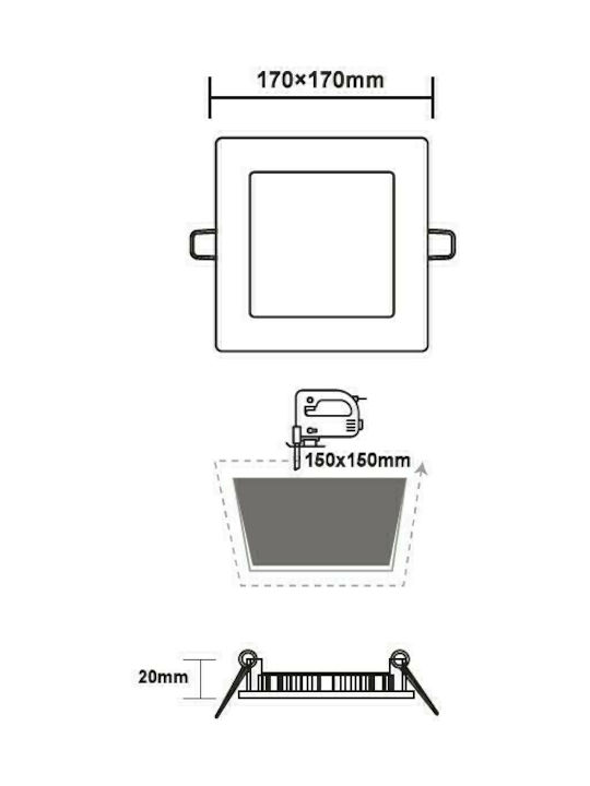 Aca Square Recessed LED Panel 12W with Natural White Light 4000K 17x17cm