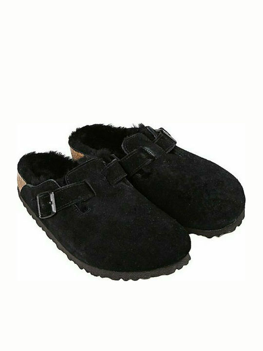 Birkenstock Classic Boston Piele Mules cu Chunky Scăzut Toc în Negru Culoare