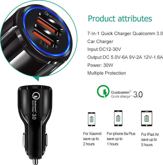 Lamtech Φορτιστής Αυτοκινήτου 30W 3.1A Γρήγορης Φόρτισης με Θύρες: 2xUSB Μαύρος