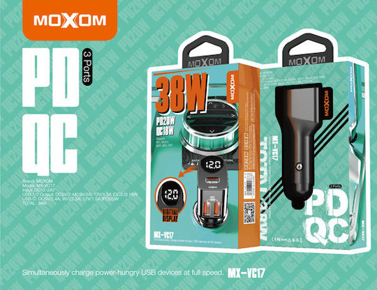 Moxom Car Charger Black MX-VC17 with Ports: 2xUSB 1xType-C and Battery Voltmeter