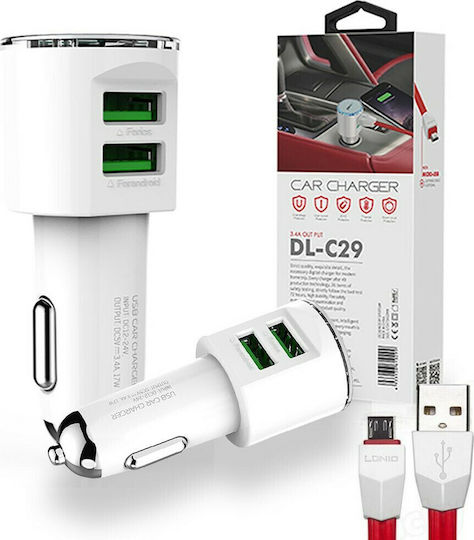 Ldnio DLC29 Автомобилен Зарядно Устройство 3.4A с Портове 2xUSB-A Бял Цвят