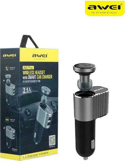 Awei A871BL Φορτιστής Αυτοκινήτου 2.1A με Θύρες: 2xUSB και Ακουστικά Bluetooth Γκρι