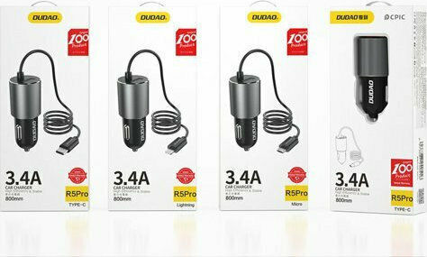 Dudao R5Pro T Încărcător Auto Cu Mufă De Brichetă 25W 3.4A Cu O Singură Portă 1xUSB-A Cu Cablu Type-C Culoare Neagră