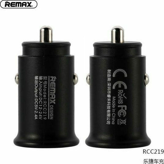 Remax RCC-219 Φορτιστής Αυτοκινήτου 2.4A με Θύρες: 2xUSB Μαύρο Χρώμα