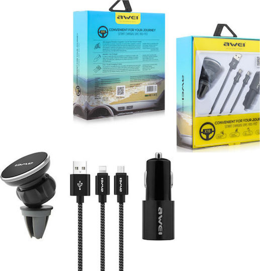 Awei X10 Încărcător Auto 2A cu Porturi: 2xUSB împreună cu Cablu Lightning / Micro-USB Negru Culoare