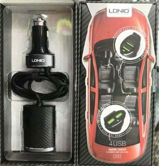 Ldnio C502 Car Charger 25.5W 5.1A with 4x USB-A Ports Black Color