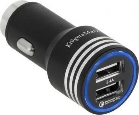 Kruger & Matz Handy-Autoladegerät 18W 2.4A Schnellladen mit 2xUSB-A Schwarz Farbe