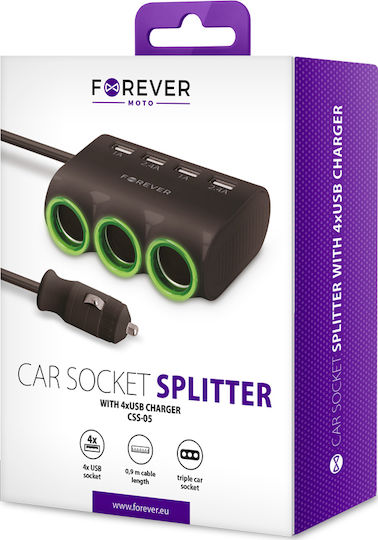 Forever Car Charger 120W 2.4A with Ports: 4xUSB with Cable Embedded Black Color