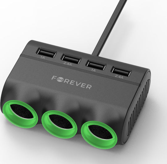 Forever Car Charger 120W 2.4A with Ports: 4xUSB with Cable Embedded Black Color