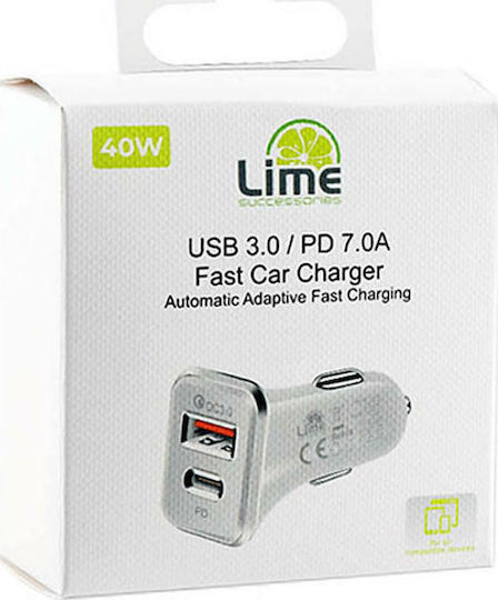 Lime T-74491 Φορτιστής Αυτοκινήτου 40W 3A Γρήγορης Φόρτισης με Θύρες: 1xUSB 1xType-C Λευκό Χρώμα