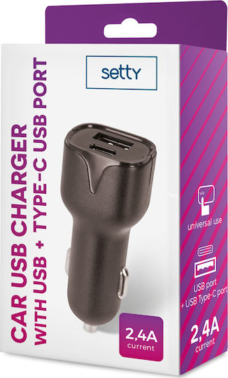 Setty Φορτιστής Αυτοκινήτου 2.4A με Θύρες: 1xUSB 1xType-C Μαύρο Χρώμα