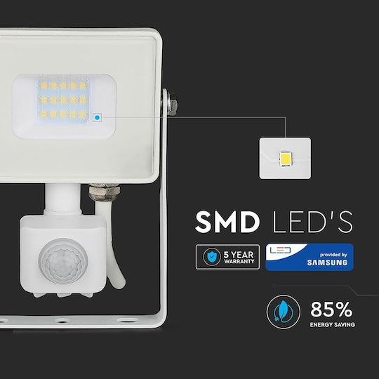 V-TAC Στεγανός Προβολέας LED 10W Φυσικό Λευκό 4000K με Αισθητήρα Κίνησης IP65
