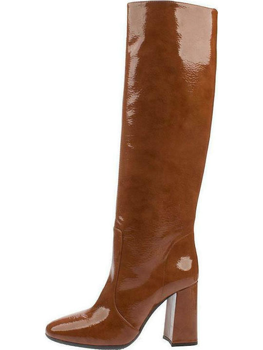 Damenstiefel aus Lackleder mit hohem Absatz Tabac Braun