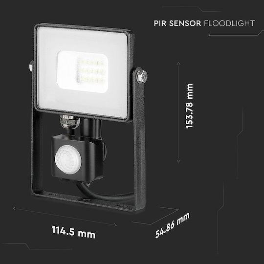 V-TAC Vt-10-s Wasserdichter LED Flutlichter 10W Warmes Weiß 3000K mit Bewegungssensor IP65