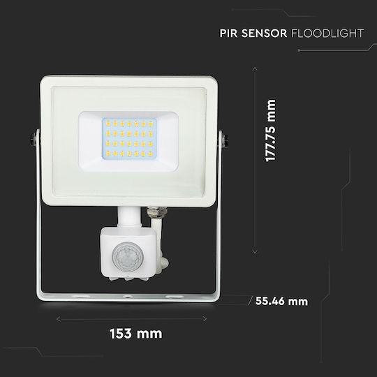 V-TAC Wasserdicht LED Flutlicht 20W Natürliches Weiß 4000K mit Bewegungssensor IP65