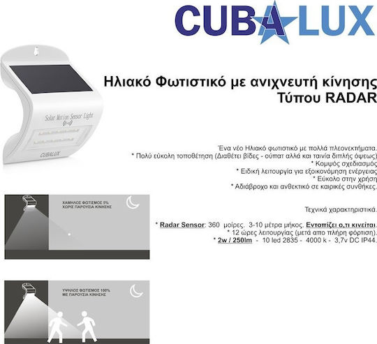 Cubalux Wandmontiert Solarleuchte 2W 250lm Natürliches Weiß 4000K mit Bewegungssensor und Fotokontakt IP44