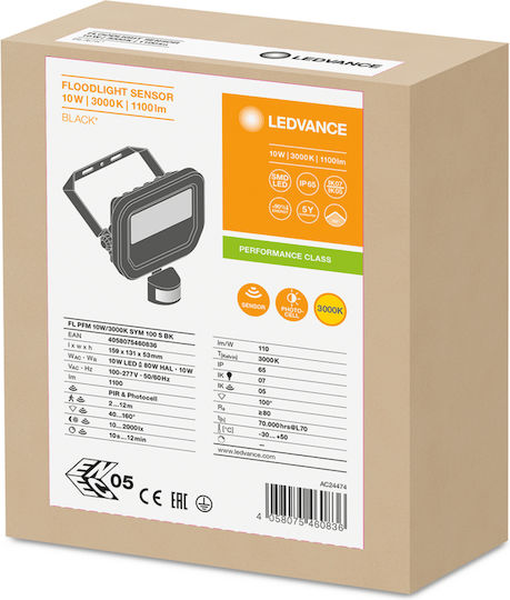 Ledvance Waterproof LED Flood Light 10W Warm White 3000K with Motion Sensor IP65