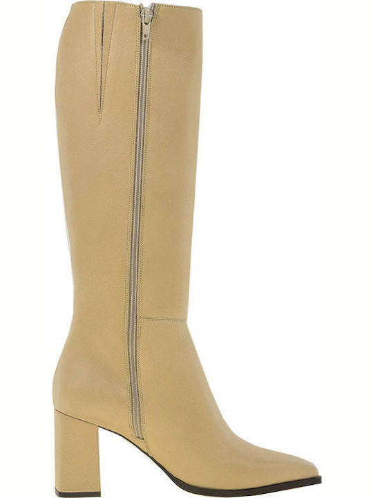 Fardoulis Leather Women's Boots Over the Knee Beige