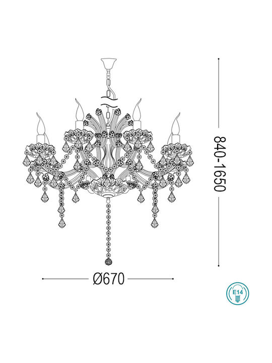 Ideal Lux Napoleon SP8 Πολυέλαιος 8xE14 με Κεράκια Χρυσός 167398