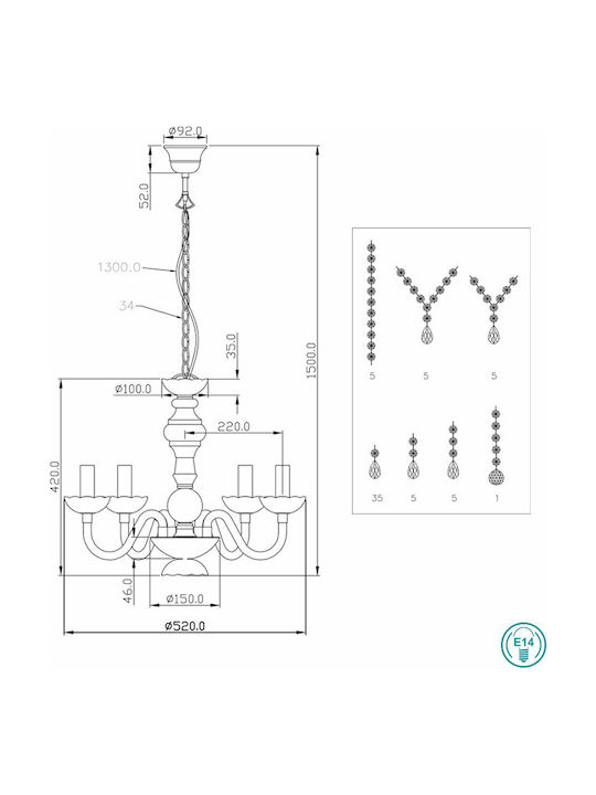Trio Lighting Lüster Πολυέλαιος 5xE14 με Κεράκια Λευκός R1107-01