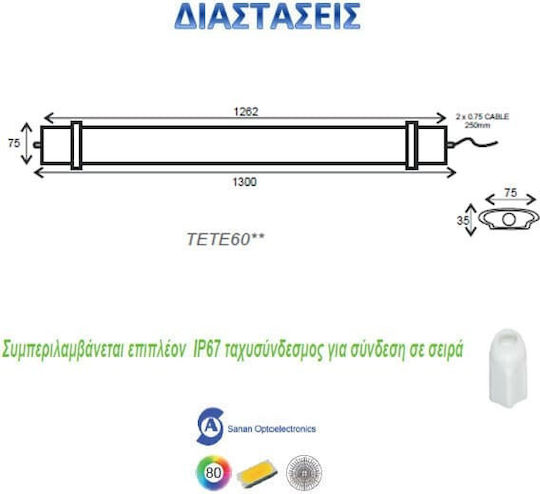 Aca Lighting Batten Outdoor with Integrated LED 60W 130cm