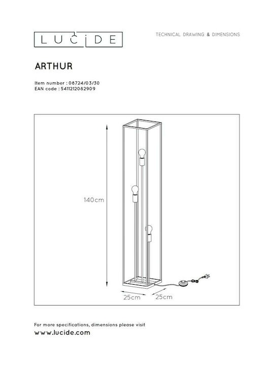 Lucide Lightning Arthur Lampa de podea Î140xL25cm. cu Soclu pentru Bec E27 Negru