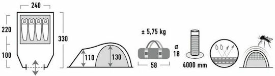High Peak Talos 4 Winter Camping Tent Tunnel Gray with Double Cloth for 4 People Waterproof 4000mm 330x240x130cm