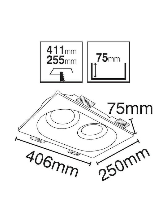 VK Lighting Rechteckig Gips Einbau Spot mit Fassung G53 AR111 Doppelt verstellbar Weiß 40.6x25cm. 1Stück