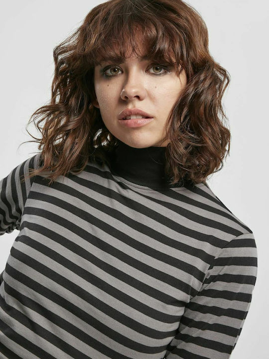 Women's Blouse Cotton Long Sleeve Turtleneck Striped Asphalt/Black