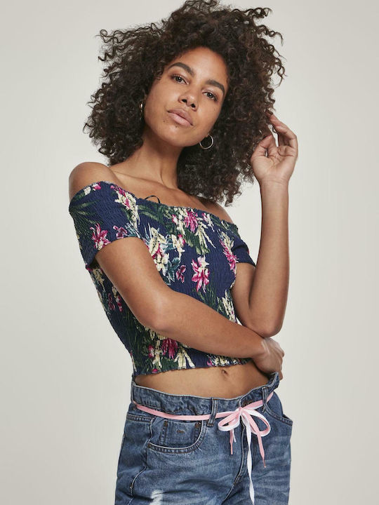 Women's Summer Crop Top Off-Shoulder Short Sleeve Floral Navy Blue