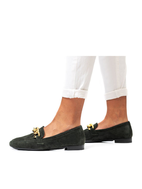Leather Women's Loafers in Green Color
