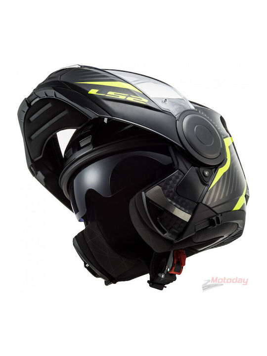 LS2 Scope FF902 Skid Black Hi-Vis Yellow Motorcycle Helmet Flip-Up ECE 22.05 1650gr with Sunvisor