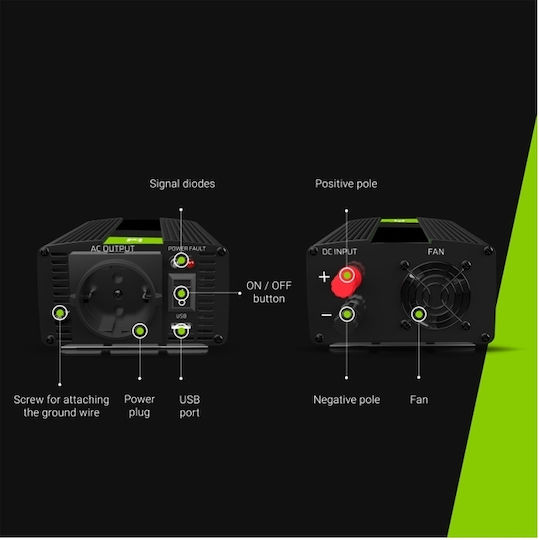 Green Cell Power Инвертор за кола Модифицирана синусоидална вълна 1500W за преобразуване на 24V DC в 230V AC с 1xUSB