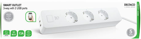 Deltaco Smart Steckdosenleiste 3 Positionen mit 2 USB-A, Schalter und Kabel 1.5m