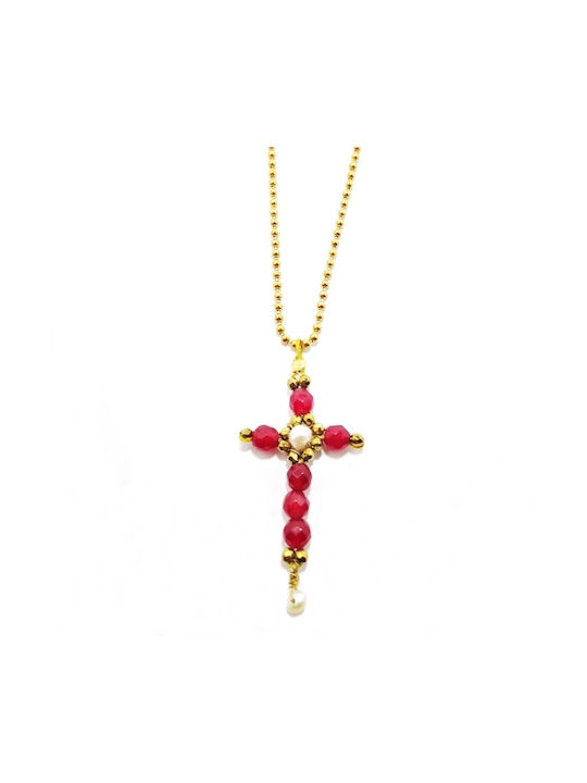 The Burgundies cross, κολιε με χρυσή αλυσίδα και σταυρό από νεφρίτη (μαργαριτάρι, ατσάλι)