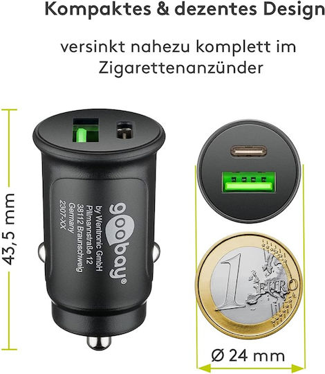 Goobay Зарядно за кола 30W 3Спецификация с Портове: 1xUSB 1xType-C Черен Цвят