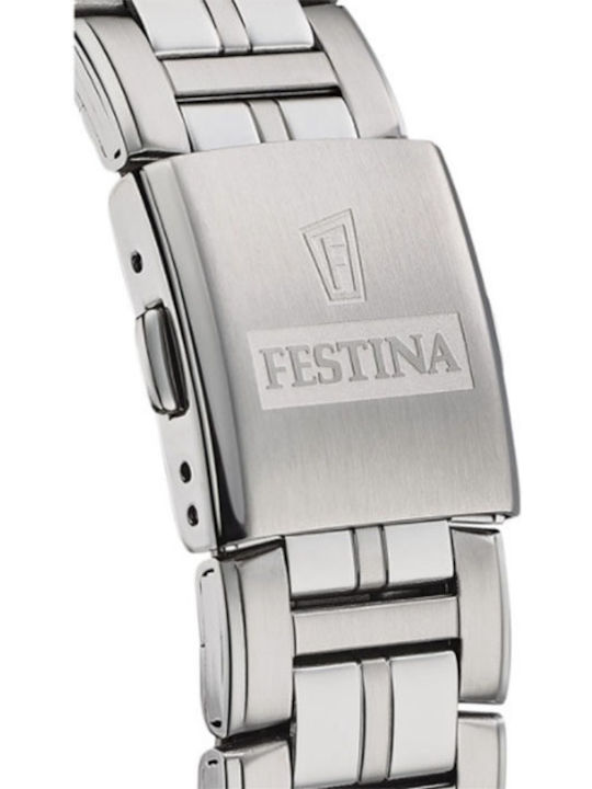 Festina Ανδρικό Ρολόι 43mm Χρονογράφος Μπαταρίας με Ασημί Μεταλλικό Μπρασελέ