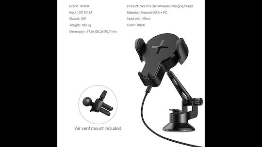 Rock W2 Pro 2 in 1 Qi Wireless Charger Car Mobile Mount with Adjustable Hooks Black