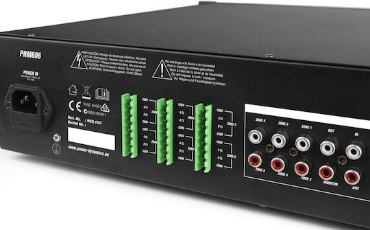 Power Dynamics PRM606 Matrix Интегриран Търговски усилвател с 6 зони 60W/100V и USB/Bluetooth връзки в Черен цвят
