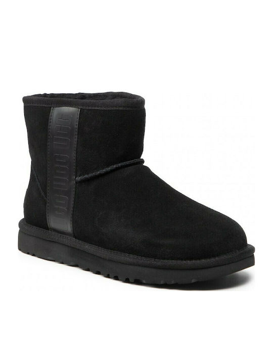 Classic Mini Side Logo Suede Women's Ankle Boots with Fur Black