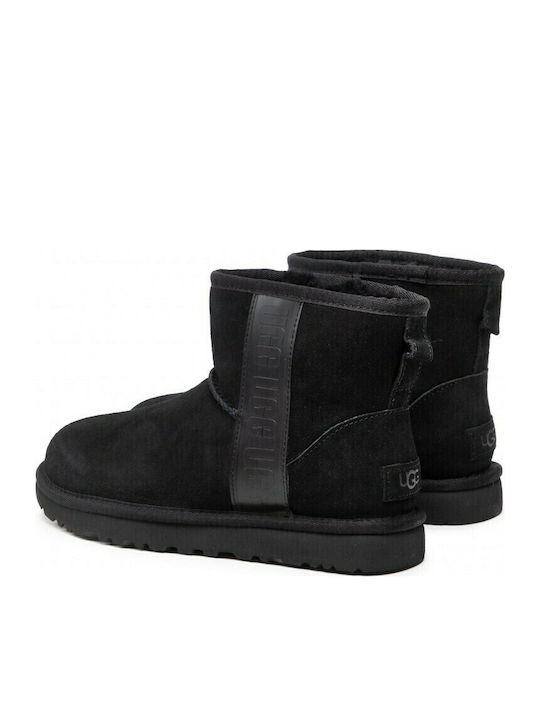 Classic Mini Side Logo Suede Women's Ankle Boots with Fur Black