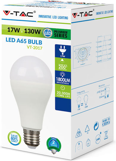 V-TAC VT-2017 Λάμπα LED 17W 130mm για Ντουί E27 και Σχήμα A65 Ψυχρό Λευκό 1521lm