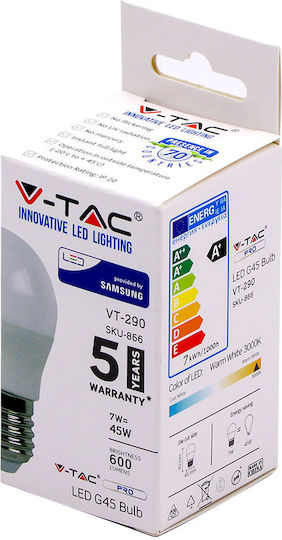 V-TAC VT-290 Λάμπα LED 7W 81mm για Ντουί E27 και Σχήμα G45 Θερμό Λευκό 600lm