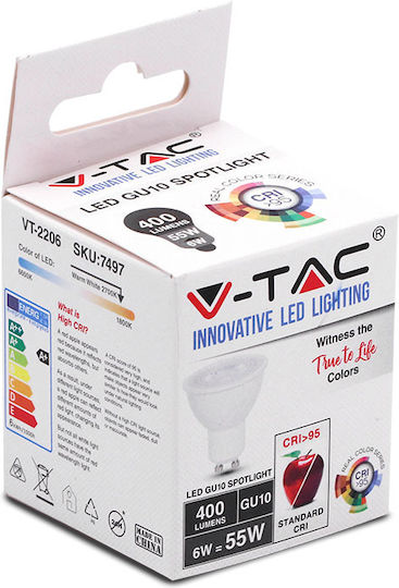 V-TAC VT-2206 LED Bulb 6W for Socket GU10 and Shape MR16 Warm White 400lm