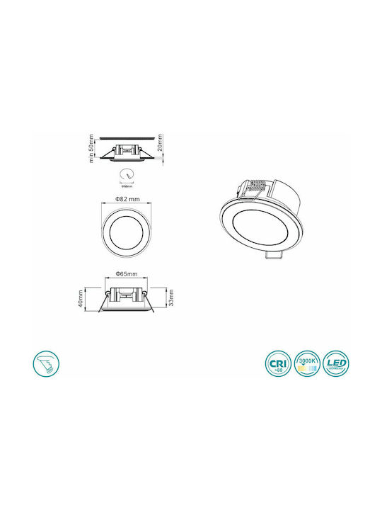 Trio Lighting Aura Round Plastic Recessed Spot with Integrated LED and Warm White Light White 4x4cm. 1pcs